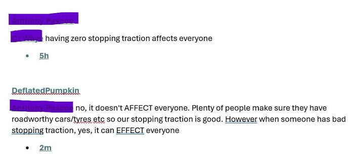 A Reddit discussion where a know-it-all user corrects someone about the difference between affect and effect.