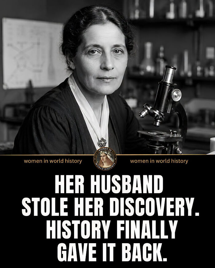 A black and white image of a woman with a microscope, representing overlooked women in history.