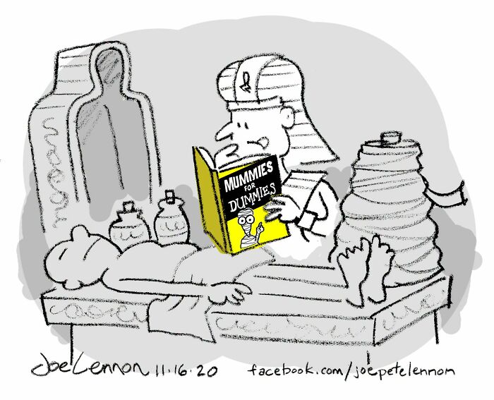 A hilariously awkward comic by Joe Lennon of an embalmer reading Mummies for Dummies while working.