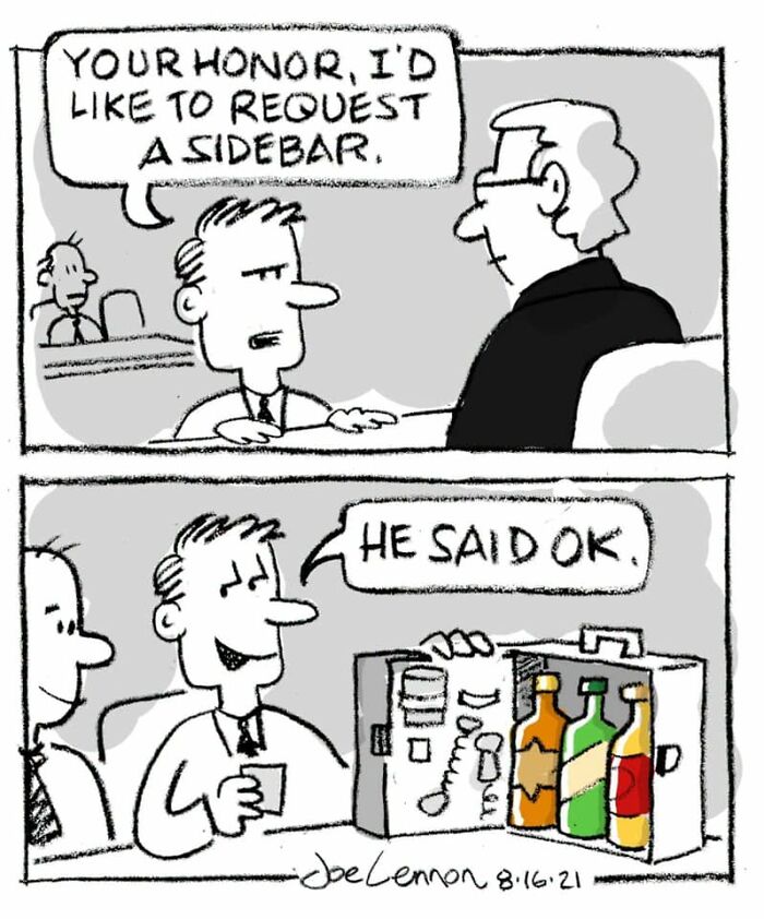 A hilariously awkward comic by Joe Lennon of a lawyer requesting a sidebar and revealing a mini-fridge.