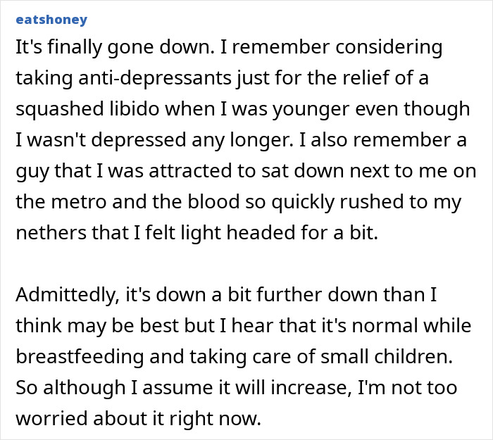 A social media user's comment on libido confession, discussing low libido and related experiences.