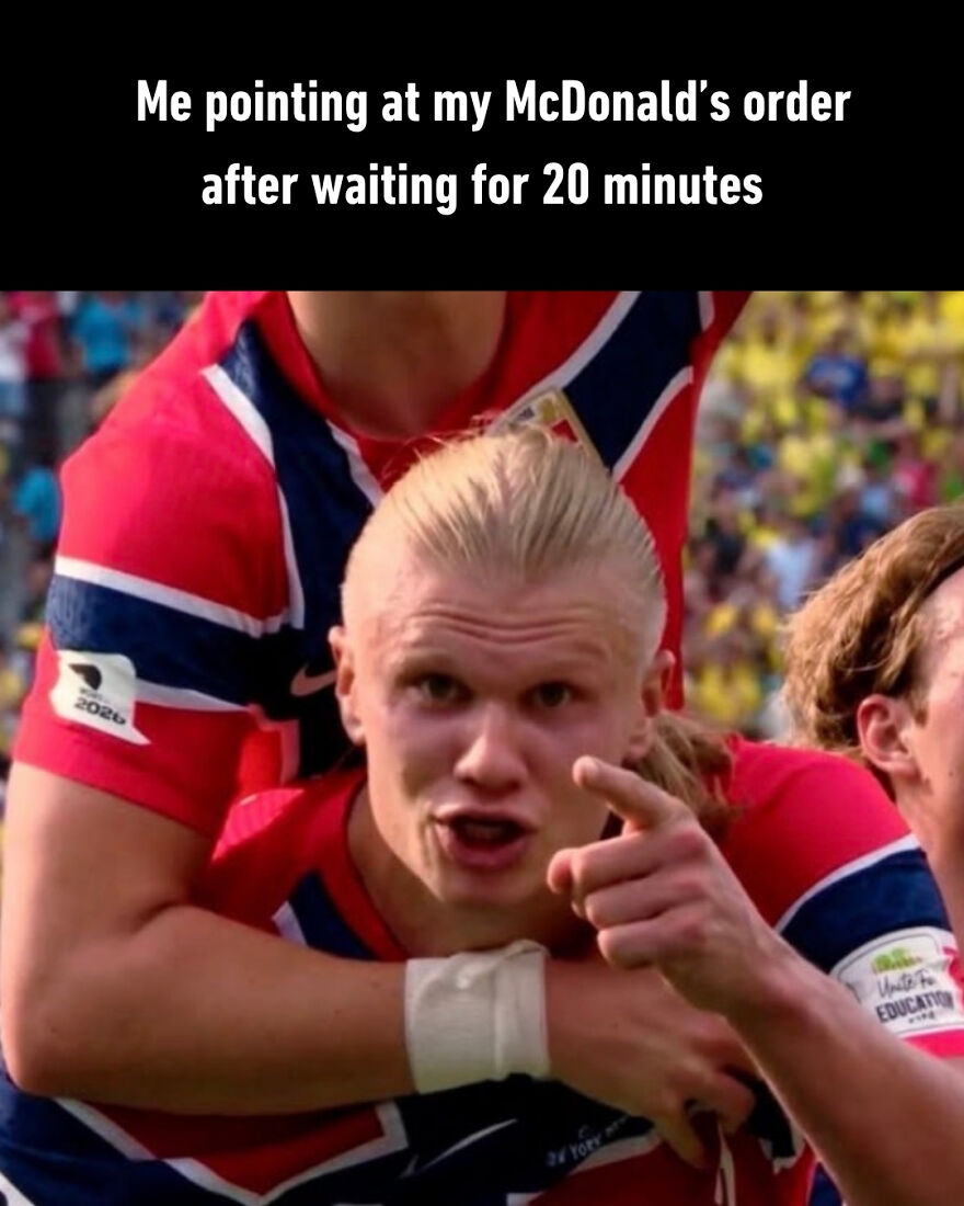 Hilarious World Cup meme of Haaland pointing, representing the chaos of waiting for a McDonald's order.