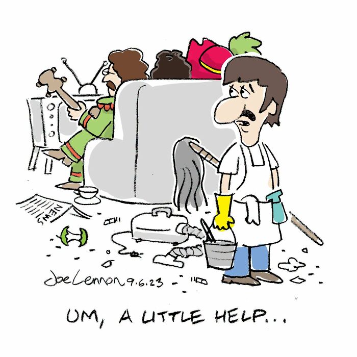 A hilariously awkward comic by Joe Lennon shows a person cleaning a messy room while someone relaxes on a couch.