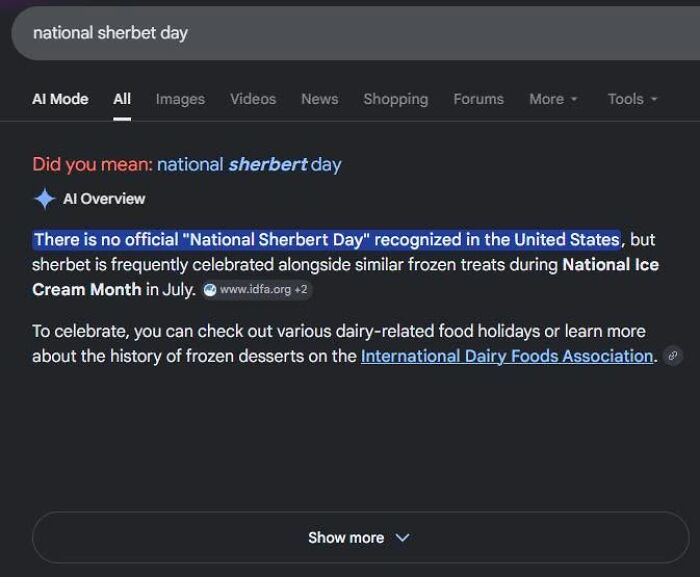 A search engine result showing a correction for the query 'national sherbet day,' providing satisfying information.