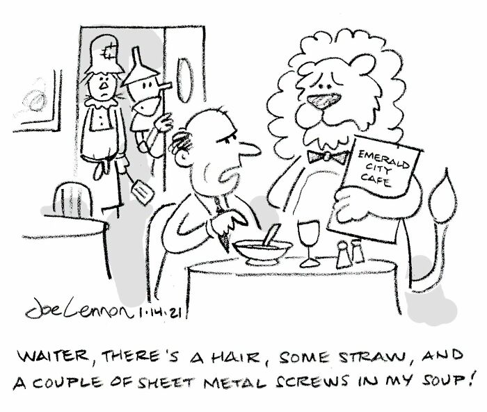 A relatable and hilariously awkward comic by Joe Lennon depicts a man complaining about food to a lion waiter in a cafe.