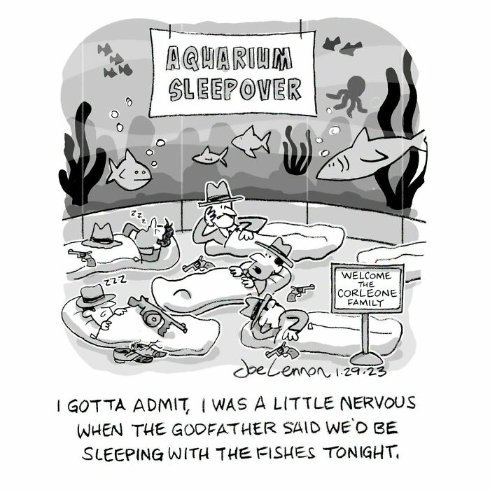 An awkward comic by Joe Lennon illustrates men in a Godfather-themed aquarium sleepover, sleeping with the fishes.