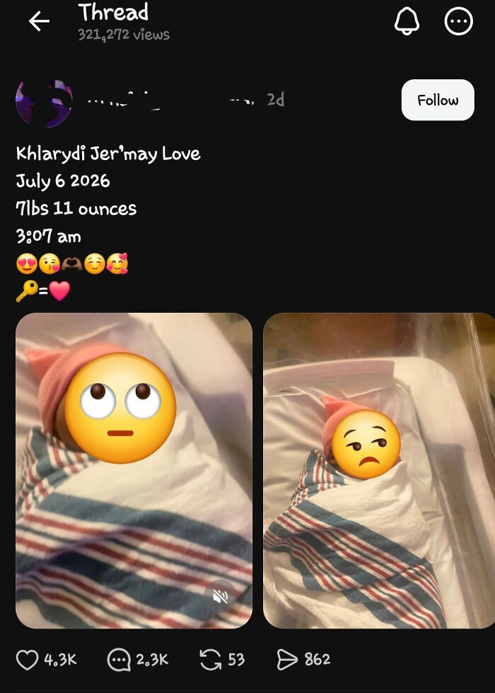 A social media post showing a newborn baby with the name Khlarydi Jer'may Love, an example of parents choosing abominations instead of boring names.