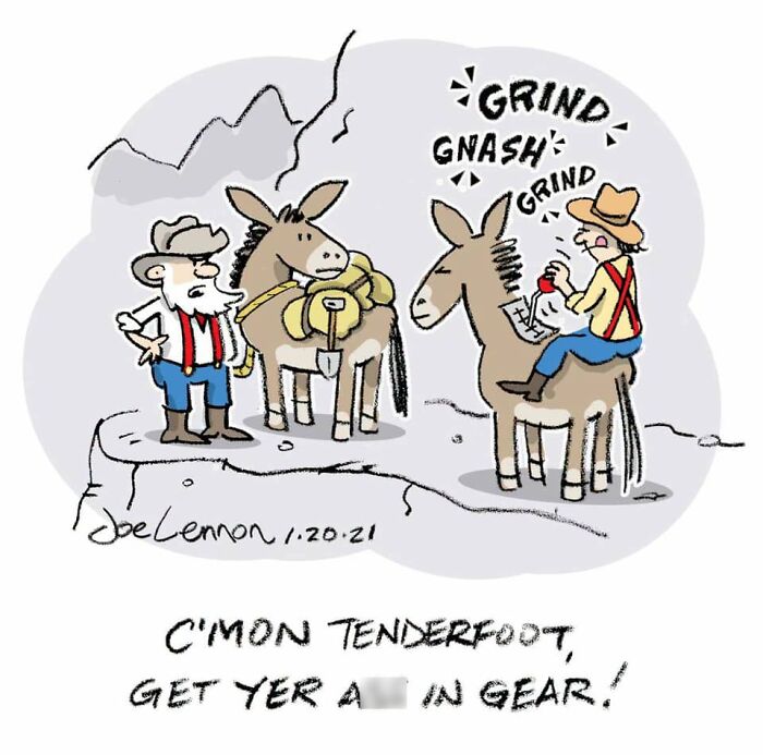 A hilariously awkward comic by Joe Lennon features a man struggling with a stubborn donkey, while another man watches.