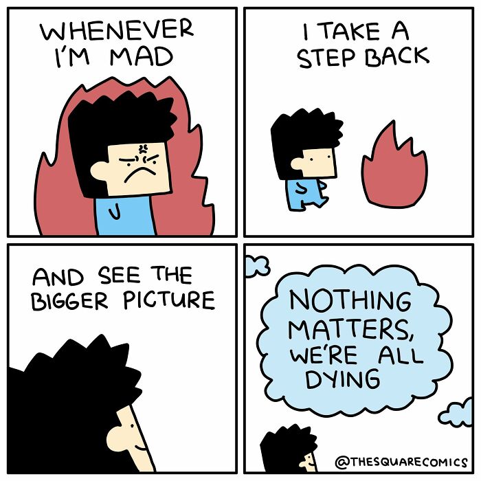 Funny comics showing a person getting mad, stepping back, and realizing nothing matters, we're all dying.