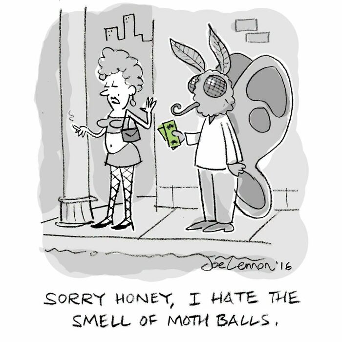 A hilariously awkward comic by Joe Lennon of a woman rejecting a moth-man who smells like moth balls.