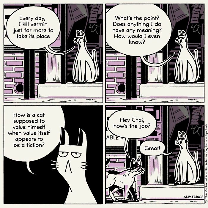 Cartoon of cats with jobs, one cat questioning the meaning of its job, another reporting it's great.