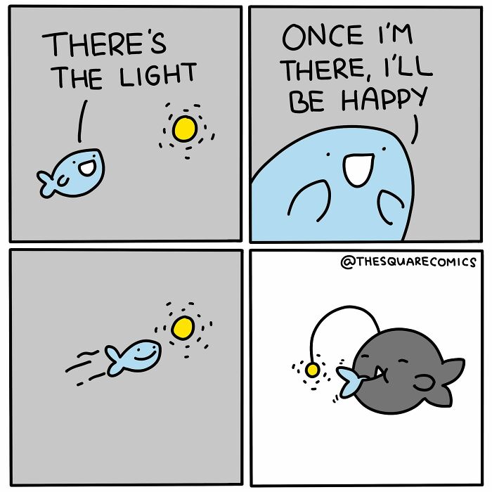 Humorous comics depicting a small fish chasing light, only to be eaten by a larger fish.