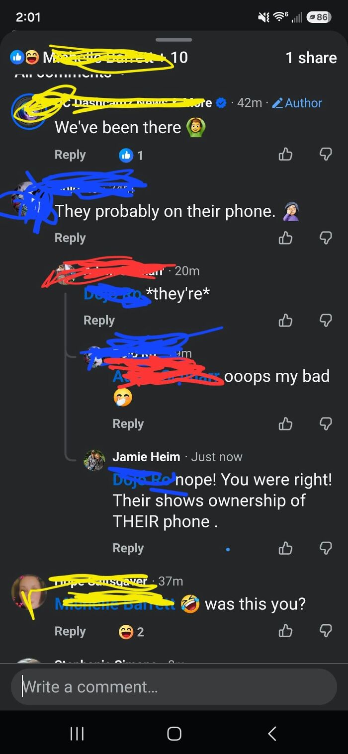 A social media post with multiple corrections online about the incorrect use of 'their' vs. 'they're'.