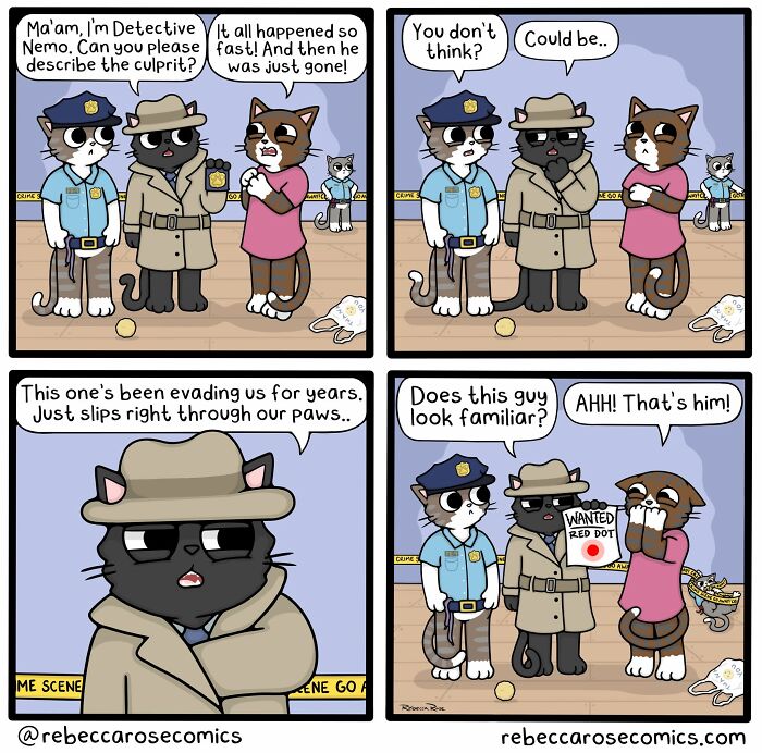 A Rebecca Rose comic about cat detectives trying to catch the elusive red dot, a funny take on awkward moments.