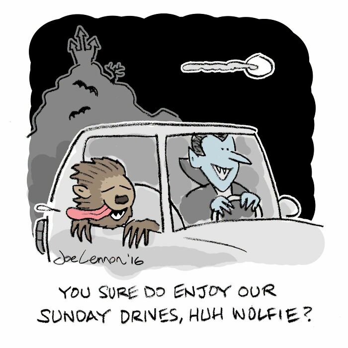 A hilariously awkward comic by Joe Lennon of a vampire driving with a werewolf enjoying a Sunday drive.