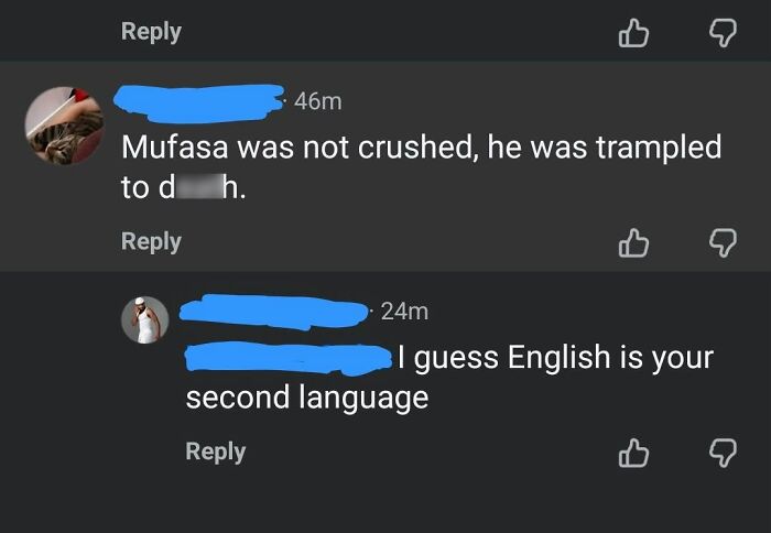 People online correcting someone about Mufasa's d***h being trampled, not crushed.