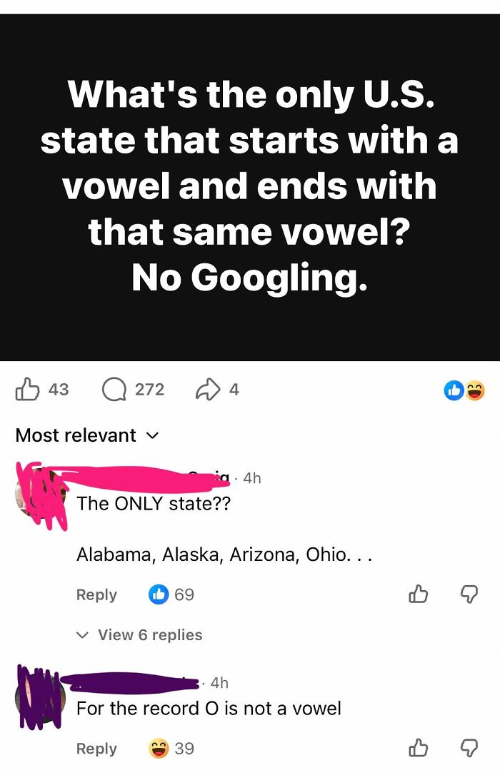 People online correcting someone's knowledge of U.S. states and vowels.