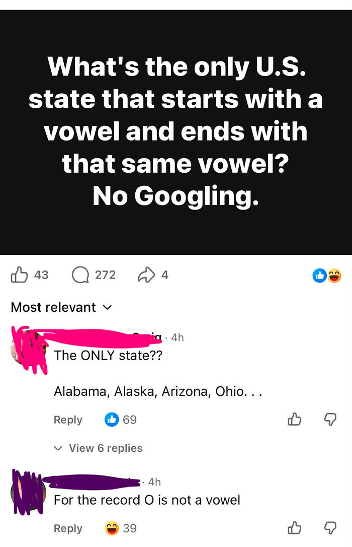 A social media screenshot displays a quiz asking for a U.S. state, with commenters incorrectly guessing answers, highlighting know-it-alls.