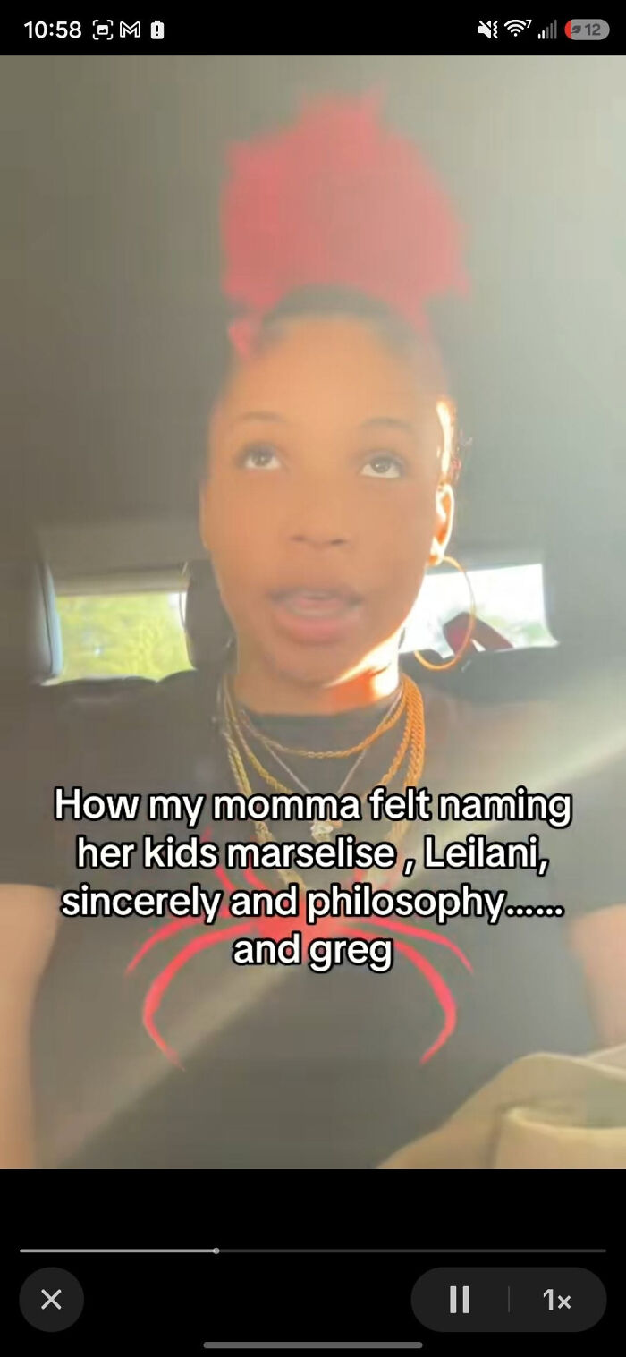 A woman on a video discussing how her momma felt naming her kids Marselise, Leilani, Sincerely, Philosophy, and Greg, highlighting boring names.