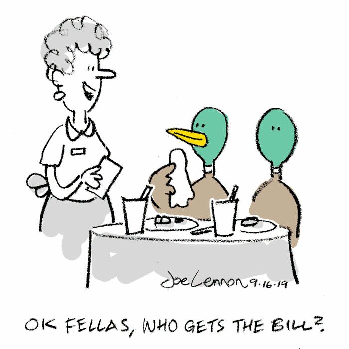 A hilariously awkward comic by Joe Lennon of a waitress asking two ducks who gets the bill at a restaurant.