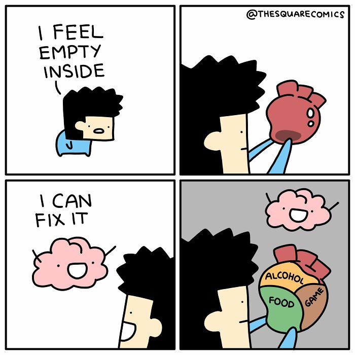 A comic depicting a person feeling empty, then filling their heart with alcohol, food, and games, a humorous comic.