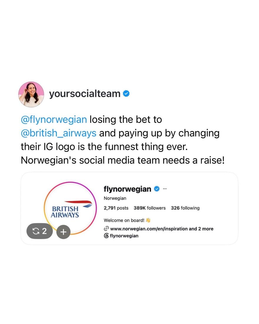 Flynorwegian changing their Instagram logo to British Airways, a hilarious World Cup meme.