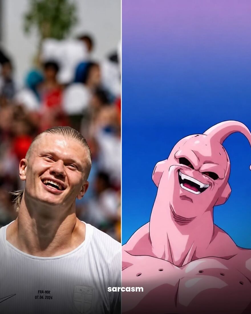 A split image meme shows a smiling football player next to an anime character, both with similar expressions, highlighting World Cup memes.