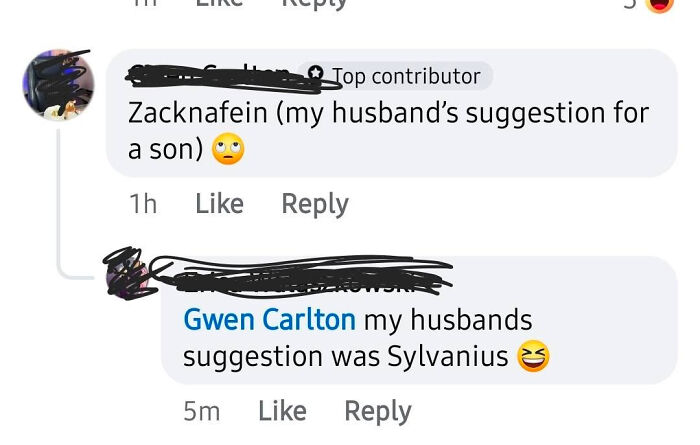 A social media post showing two replies discussing parents suggestions for boring names like Zacknafein and Sylvanus for sons.