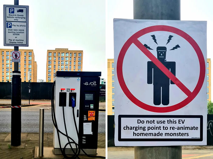A split image features an official EV charging station on the left and an absurd sign about not re-animating monsters on the right.