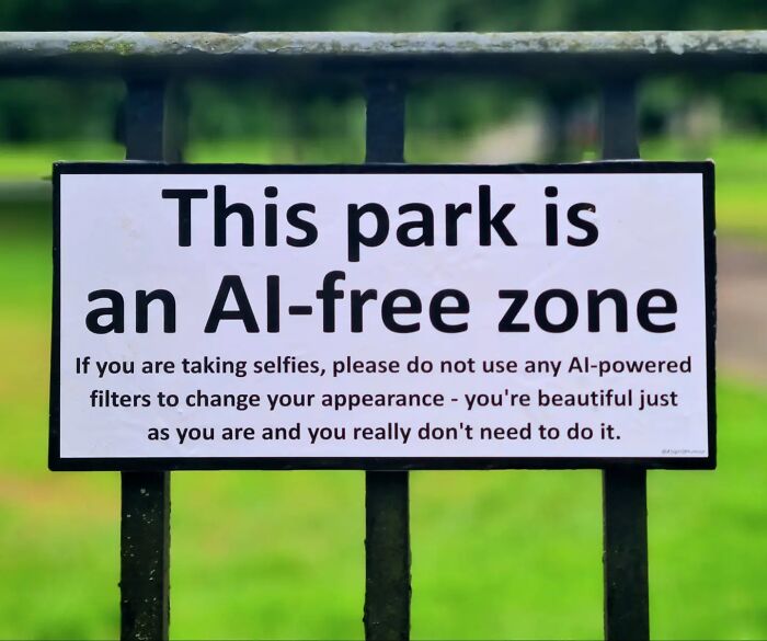 Absurd signs: An AI-free zone sign on a park gate, discouraging AI-powered filters for selfies.