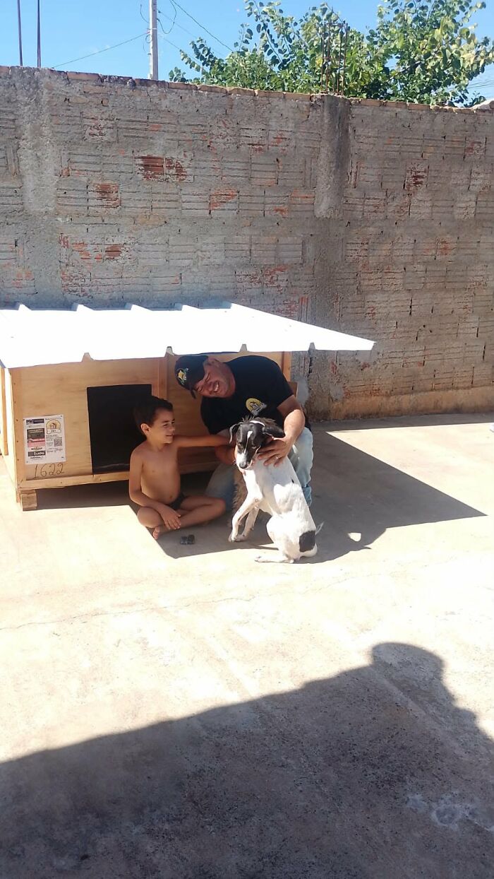 A truck driver from Brazil and a boy interact with a dog next to a shelter for animals. A truck driver from Brazil and a boy interact with a dog next to a shelter for animals.