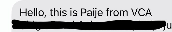 A text message with the unusual name Paije from VCA, showcasing why some parents wish for more boring names.