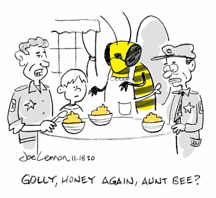 An awkward comic by Joe Lennon featuring Aunt Bee, a giant bee serving honey to two officers and a boy.