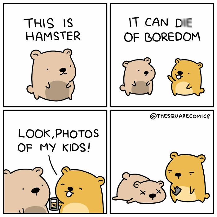 A comic featuring a hamster dying of boredom after being shown kids photos, a funny comic.