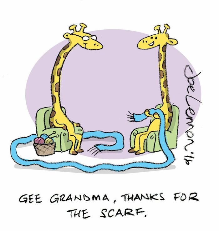 A relatable comic by Joe Lennon of two giraffes, one wearing a very long scarf, from their grandma.