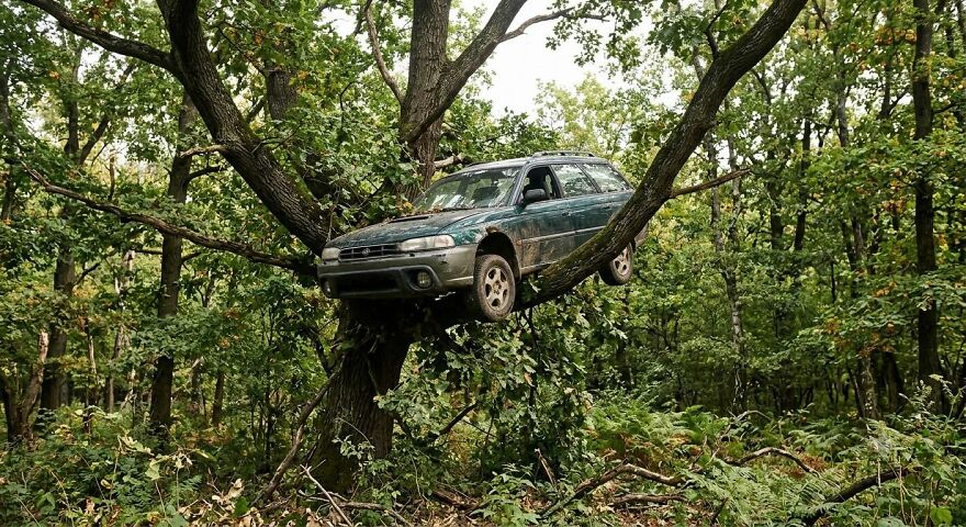 A green car is stuck high up in a tree, showing a rough day behind the wheel.
