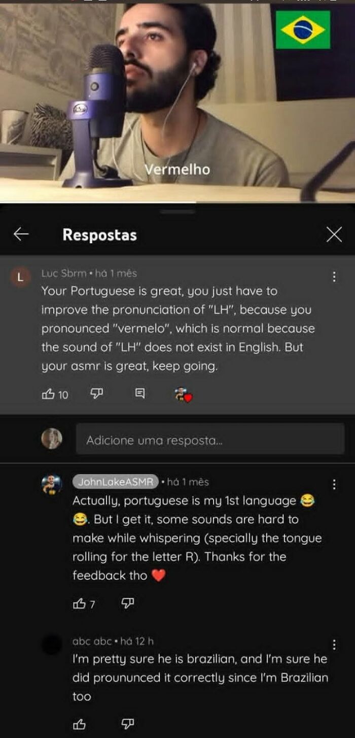 A YouTube comment section where someone is corrected online about Portuguese pronunciation, with a satisfying reply.