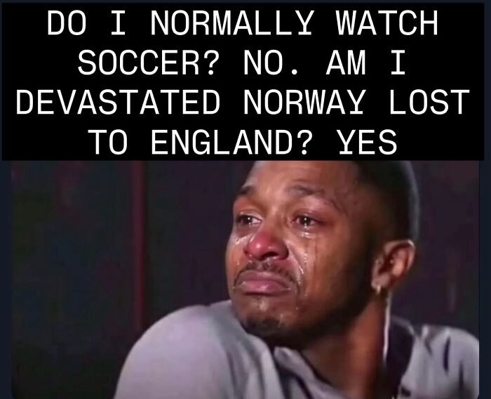 A World Cup 2026 meme showing a man crying, devastated that Norway lost to England in soccer.