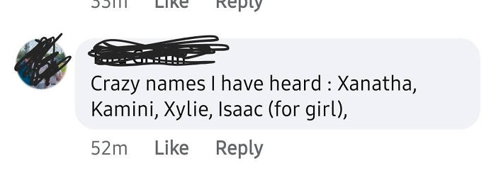 A social media post with a comment listing crazy names heard: Xanatha, Kamini, Xylie, Isaac (for girl).