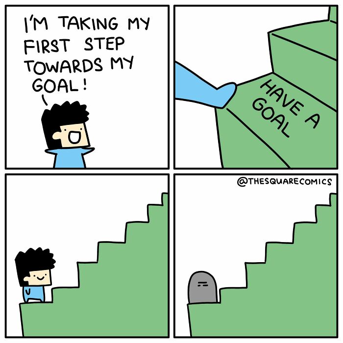 A comic depicting a person taking the first step towards a goal, only to find the goal is just have a goal, a funny comic.