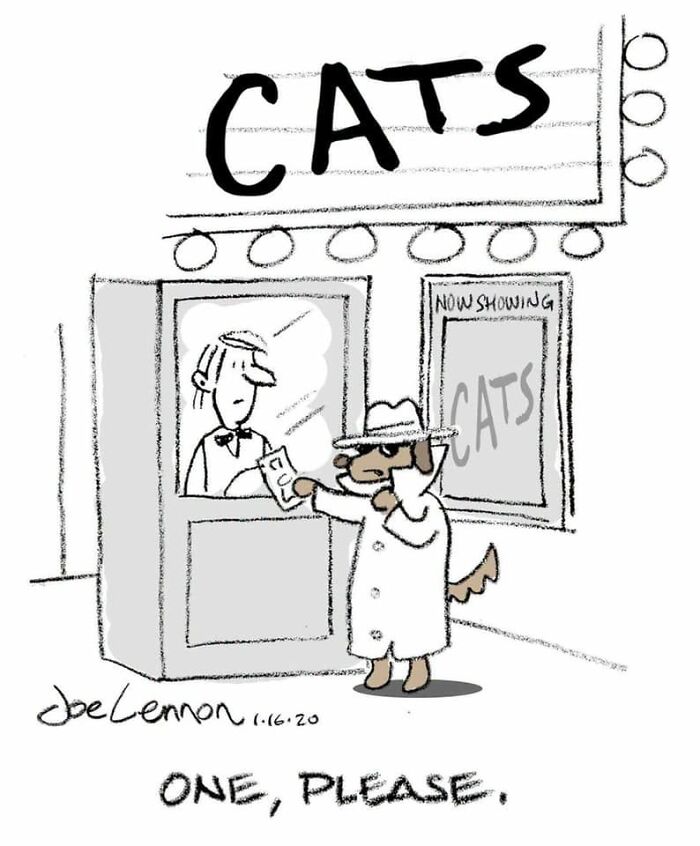 A hilariously awkward comic by Joe Lennon of a dog in a trench coat buying a ticket to the movie Cats.