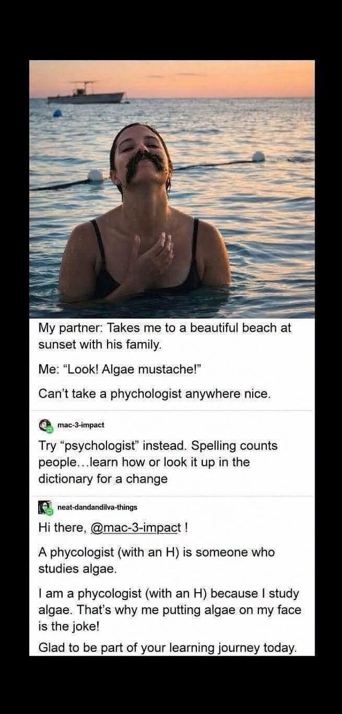 A social media post with a photo of a woman in the ocean with algae on her face, and know-it-alls in comments.