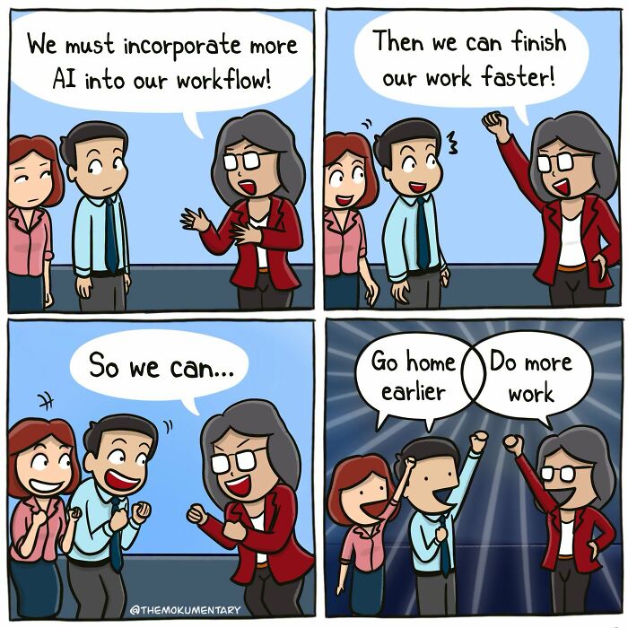 A comic from Mokumentary showing the awkward side of everyday life, depicting two different interpretations of incorporating AI into workflow.
