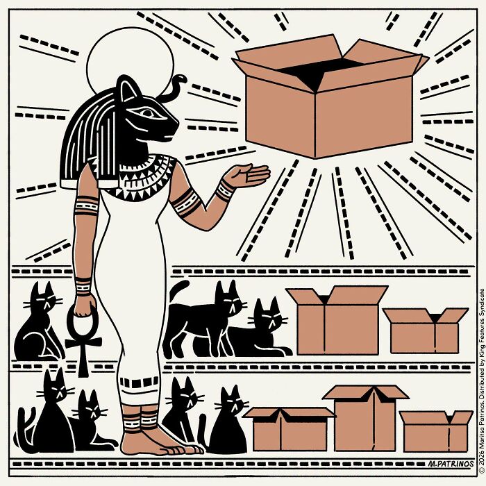Cartoon imagining cats with jobs, portraying a cat goddess with various cats and cardboard boxes.