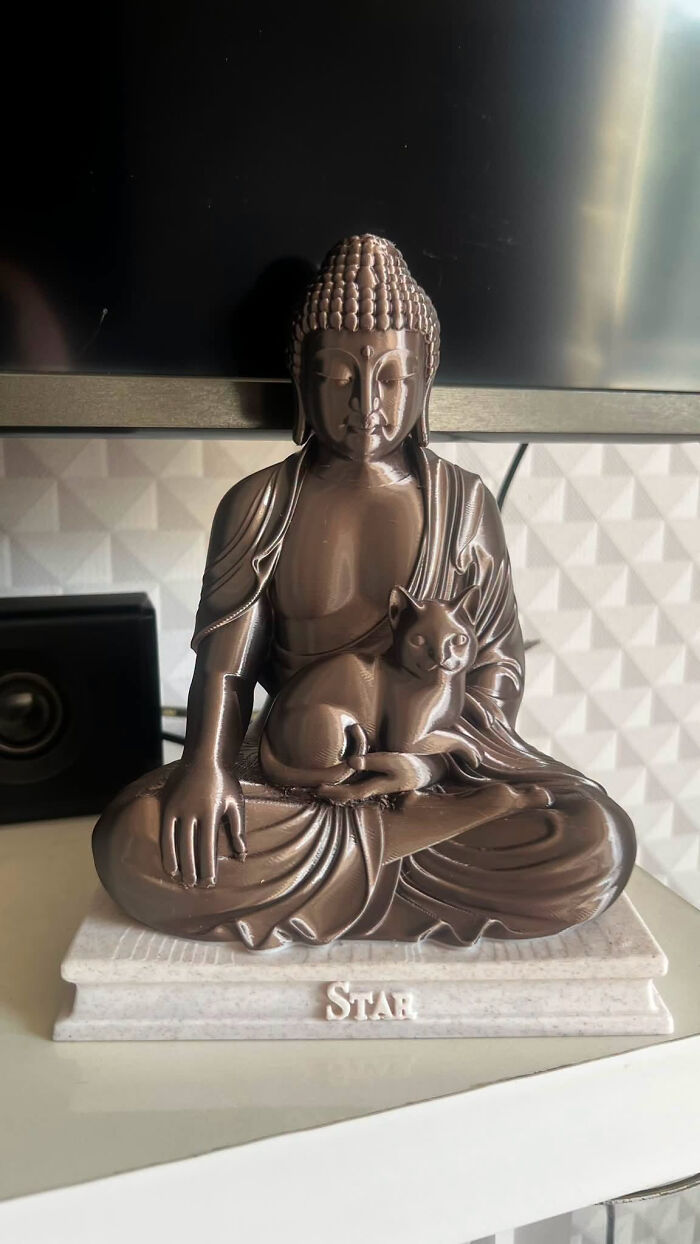 A 3D printed Buddha statue with a cat figure on its lap, a cool and useful creation.