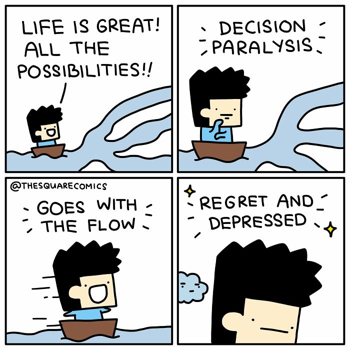 Artist comics: A character initially sees life's possibilities, then experiences decision paralysis, goes with the flow, and ends up regretting it.
