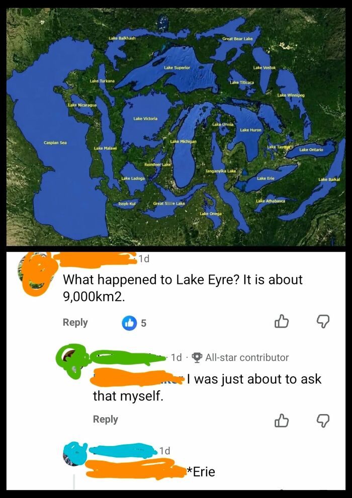 A map showing the Great Lakes and other large lakes, with a user correcting someone online about 'Lake Eyre' instead of 'Lake Erie' in a satisfying way.