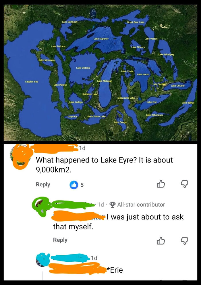 A funny know-it-all moment where a user asks about Lake Eyre on a map showing North American lakes.