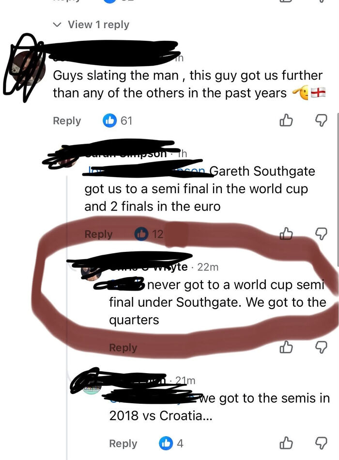 A know-it-all comment incorrectly stating England never reached a World Cup semi-final under Southgate.