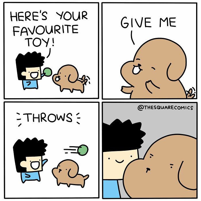 Artist comics: A character gives a dog its favorite toy, the dog takes it, then ignores it after it's thrown.